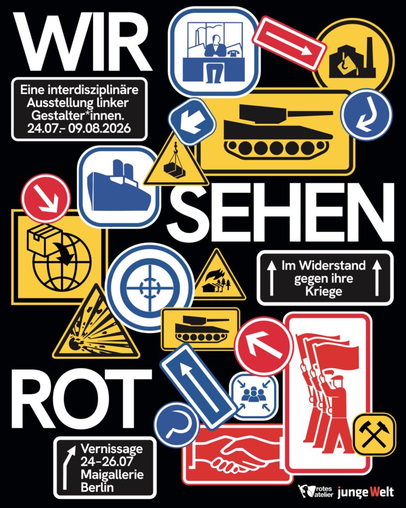 Plakat der Ausstellung "Wir sehen Rot" mit Straßenschildern 